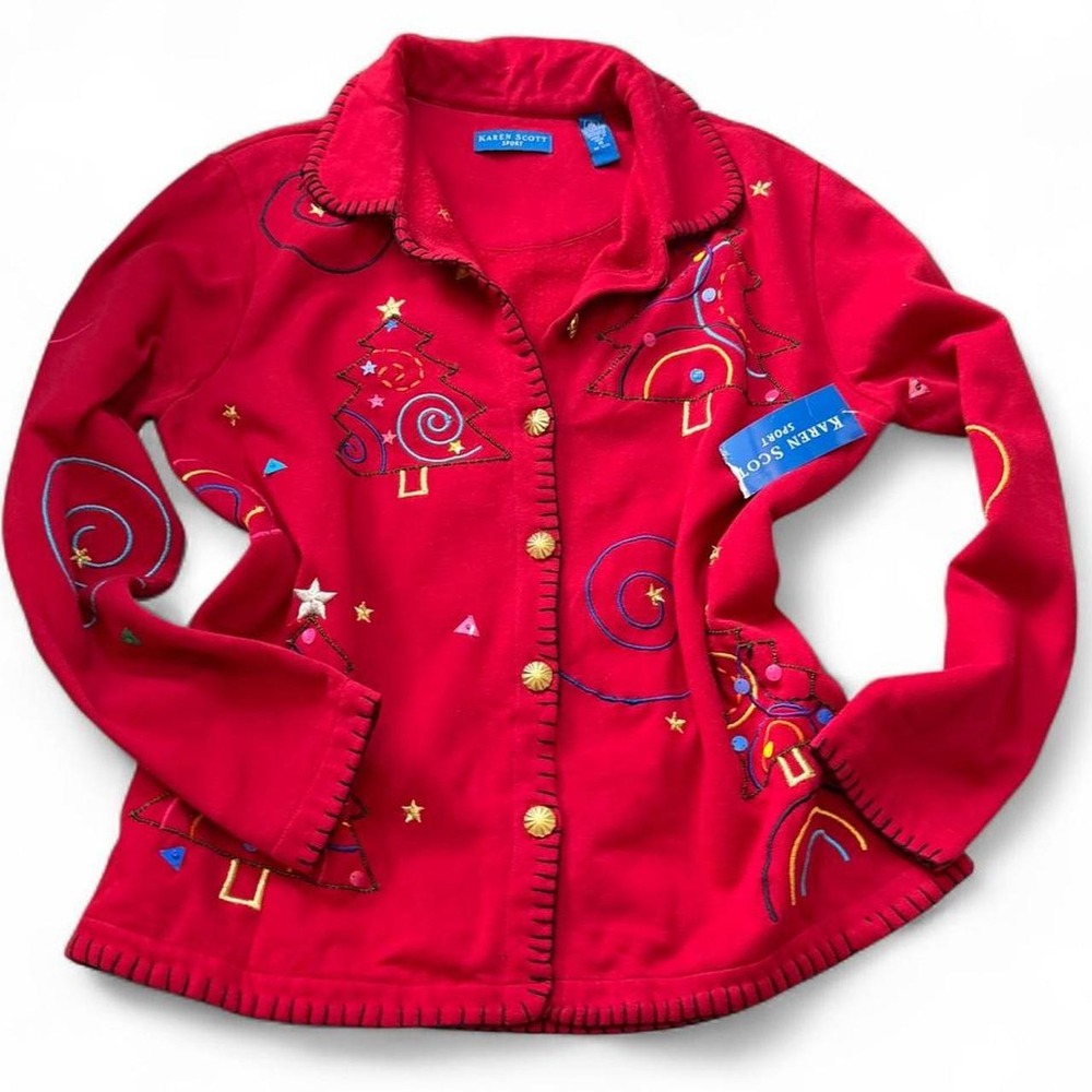 Vintage Y2K Deadstock Karen Scott Sport Red Christmas Cardigan, Women's Size M